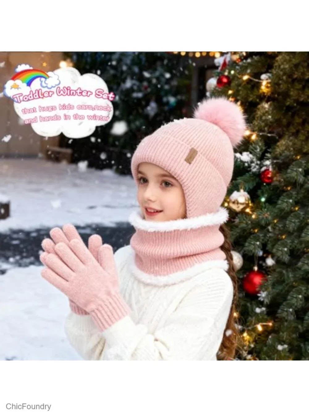 Kids Winter Hat Gloves Scarf Set Fleece Lined Toddler Beanie Mittens Neck